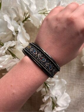BOHO Bohemian Silver Cuff Bangle with Colourful Embroidery Paisley Print
